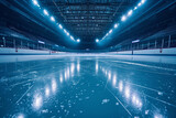 Low angle shot of an empty ice rink in ice hockey stadium. Clean, freshly poured ice, stands for spectators, two rows of flood lights illuminating the stadium.