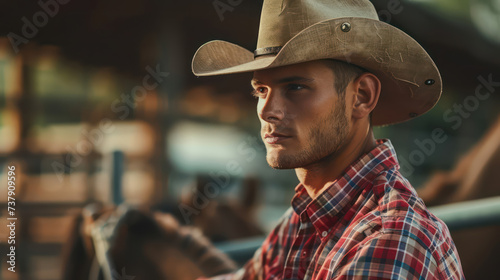 A cowboy cheerful in a farm