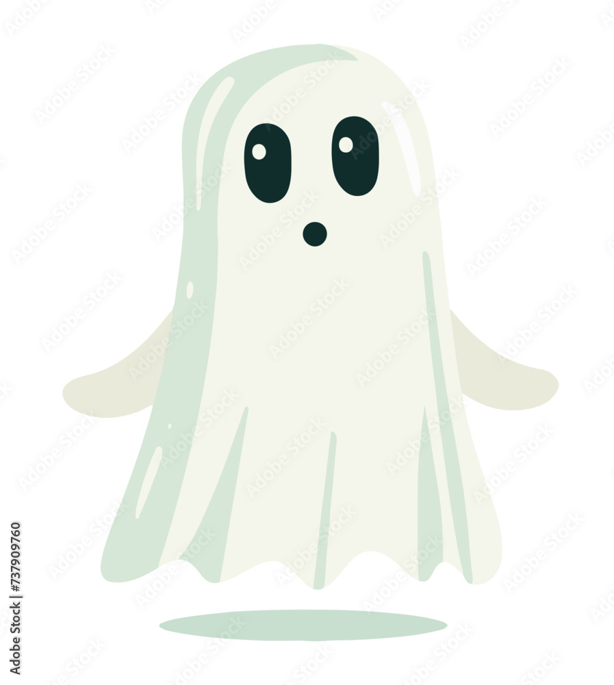 A cute white sheet ghost floating in the air above the ground casting a shadow A cute white sheet ghost floating in the air above the ground casting a shadow