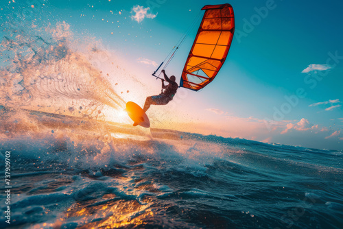 Silhouette of a kitesurfing athlete performing a trick in the air against the backdrop of a sunset at sea. Dynamic shot of a kite surfer in action. Water sports, active lifestyle. photo