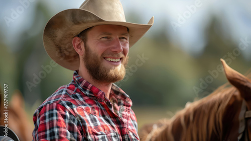 A cowboy cheerful in a farm