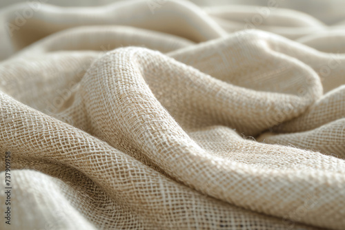 Soft natural fabric laid out in waves. Luxurious textiles concept. Creative background. Close-up with selective focus.