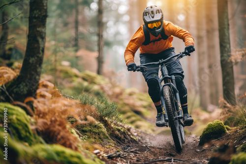 A cyclist rides a mountain bike along a trail in a picturesque autumn forest. Extreme sports and enduro biking concept.
