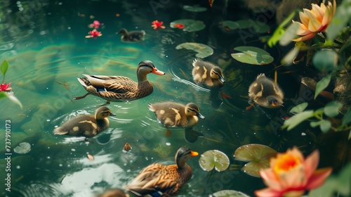 A Family of Ducks in a Crystal-Clear Pond