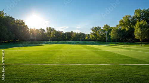 Soccer field with lush green grass and white marking stripes. Football stadium, blue sky and bright sun on a beautiful summer day. Sports and active lifestyle. photo