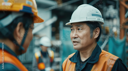 Close-up Japanese engineer and labor wearing safety talking construction site © EmmaStock