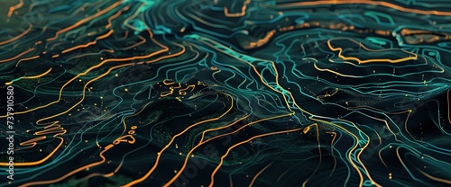 Abstract digital topographical terrain diagram showcases intricate landscapes, photo