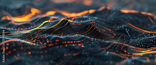 Abstract digital topographical terrain diagram showcases intricate landscapes,