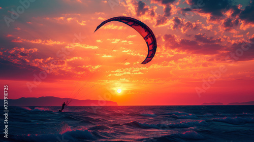 Silhouette of a kitesurfing athlete performing a trick on a wave against the backdrop of a sunset at sea. Dynamic shot of a kite surfer in action. Water sports, active lifestyle.
