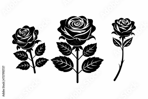 3 set of decorative vector roses with leaves silhouette