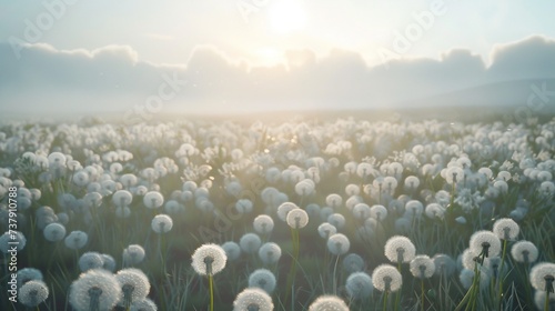 A field of dandelions transforming into a sea of white fluff in the warm spring breeze