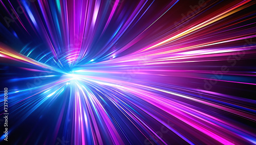 Colorful neon light burst of energy. Abstract motion in a futuristic tunnel, illustrating speed and acceleration with vibrant blue and pink illumination
