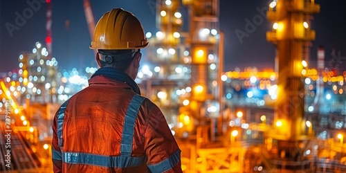 A Skilled Worker Overlooks the Nighttime Operations of a Bustling Petrochemical Plant, Generative AI