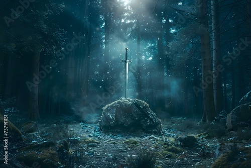 Miraculous sword Excalibur emerges from stone in mystical forest under celestial glow. Concept Mystical Forest, Excalibur Sword, Celestial Glow, Legendary Stone, Magical Emergence photo