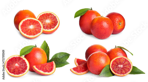 Ripe red oranges isolated on white  set
