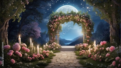 Blooming  Road  Unfurls  Beneath  Moonlit  Fantasy  Sky  Woodland  Path  Wonderland  Winds  Through  Landscape  Garden  Enchanted  Backdrop  Meanders  Create  Fantasy  Moonlit  Woodland  Road  Bloomin