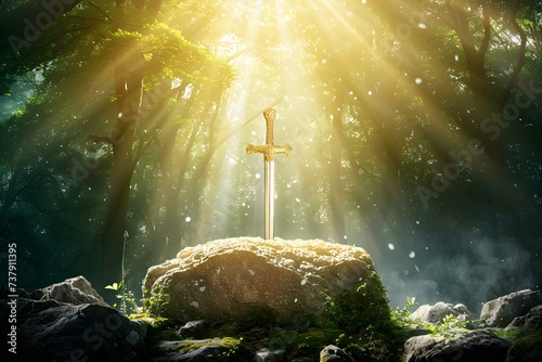 Excalibur, the Miraculous Sword, Rises from Stone in Enchanting Forest Illuminated by Celestial Glow. Concept Medieval Fantasy, Magical Sword, Enchanted Forest, Celestial Glow, Mythical Ascension