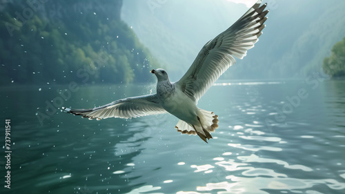 An awe-inspiring view of a seagull in flight above a shimmering lake © UMAR SALAM