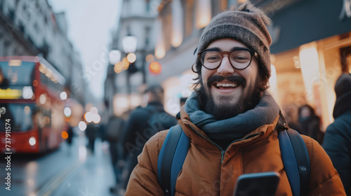 A male handsome smile using mobile looking hand in the London morning time