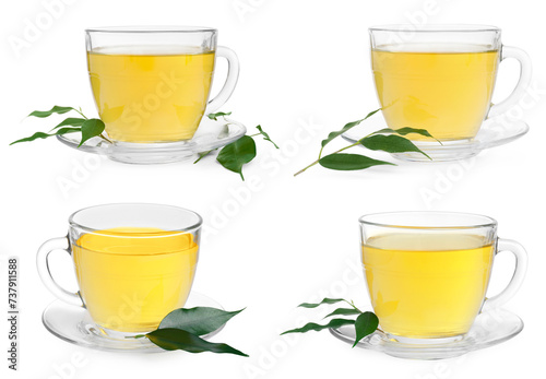Green tea in glass cups and leaves isolated on white, set