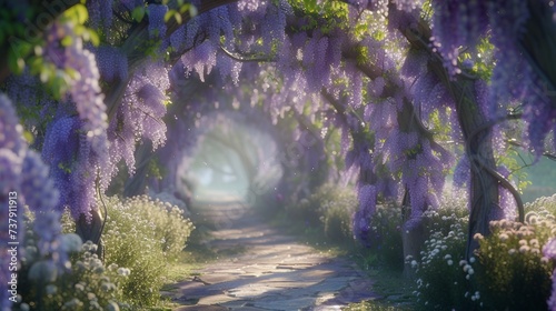 Garden path winding through arches of blooming wisteria, creating a magical springtime scene