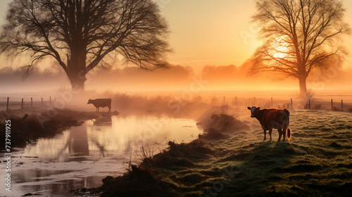 Cows in the field in early morning