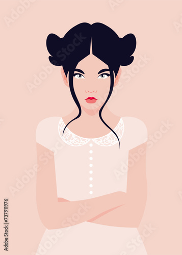 Portrait of an arrogant schoolgirl. Teenager's avatar. Emotional face of a child. School bullying. Vector flat illustration