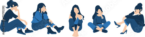 足を抱えて悩む女性たちのイラスト