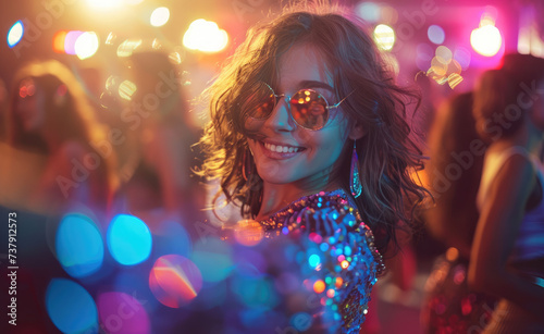 female 80s dancer selfie at disco in sequined outfit