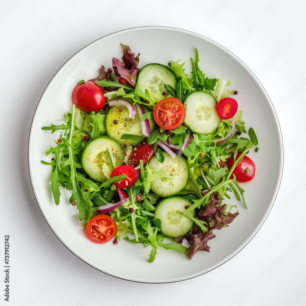 Plate with fresh green salad, vitamins