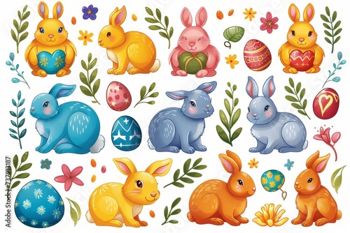 Happy Easter Eggs Basket Breezy. Bunny in turquoise brilliance flower Garden. Cute 3d rose beige easter rabbit illustration. Easter Richly hued card wallpaper egg dyeing