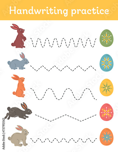 Tracing lines, handwriting training worksheet for kids. Easter themed writing training, educational game and activity for preschool and kindergarten. Easter bunny and egg. Tracing practice.