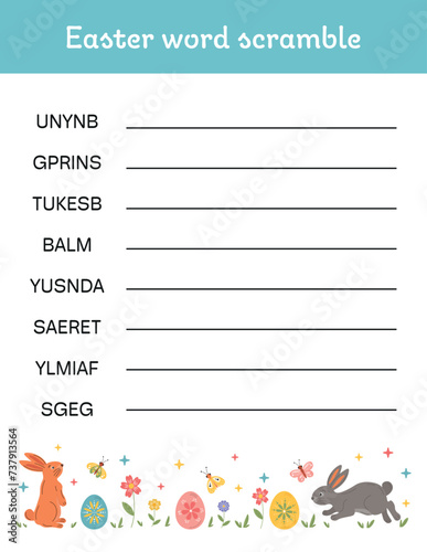 Easter word scramble. Easter activity page for kids. Printable educational worksheet, preschool kindergarten educational Montessori activity. Learning, early development game for children, toddler.
