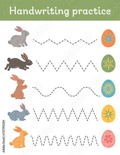 Handwriting practice Easter worksheet for kids. Tracing practice. Writing training Easter themed printable worksheet with dashed lines for preschool and kindergarten. Easter games, learning activity.
