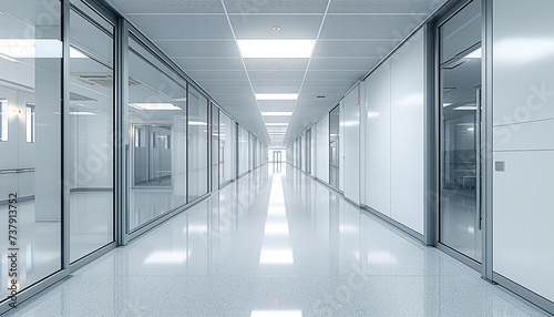 A bright and modern clinic corridor with glass walls and a sleek, shiny floor.