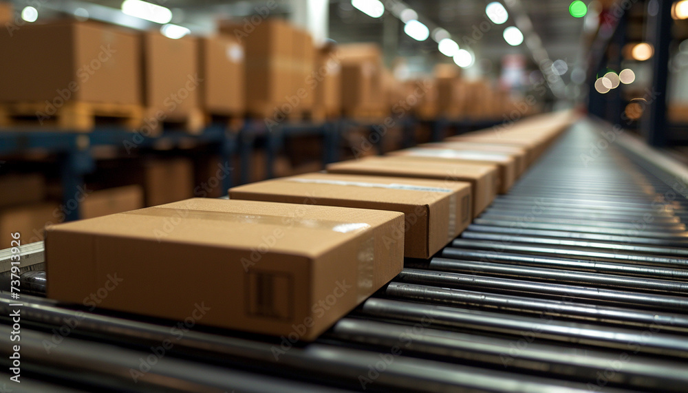 Cardboard boxes on a conveyor belt in a warehouse illustrate streamlined logistics and shipping processes.