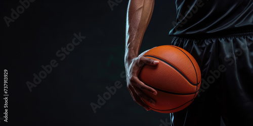 A focused athlete in a dark jersey holds a basketball against a dark background, emphasizing the readiness and determination for the game.   © Александр Марченко