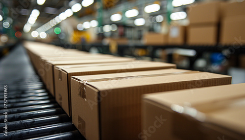 Cardboard boxes on a conveyor belt in a warehouse illustrate streamlined logistics and shipping processes.