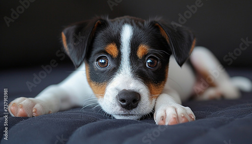 An adorable tricolor puppy with striking eyes lies on a dark blanket, gazing curiously at the camera. © Vagengeim