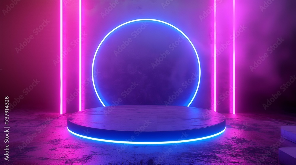Obraz premium Neon premium product display podium on neon colorful background