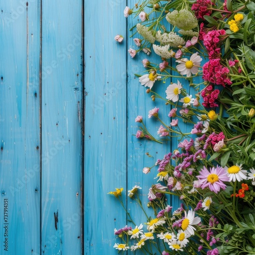 Garden flowers over blue wooden table background. Backdrop with copy space.