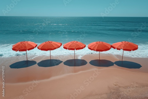 A red umbrella on a deserted beach against the background of the sea