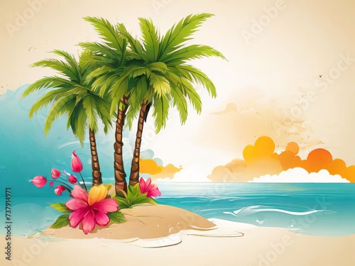 Palm tree on tropical beach with white clouds abstract and blue sky Summer Vacation background   Generative Ai