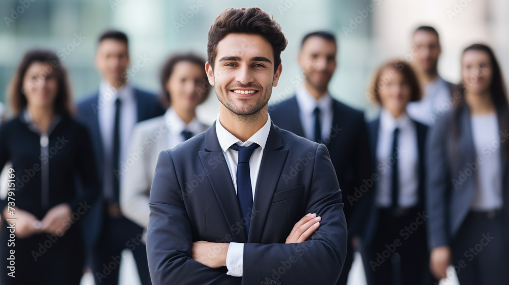 Happy young male business leader standing in front of her team Happy young male business leader standing in front of her team