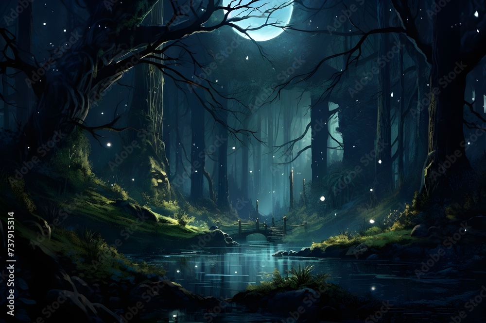 Whimsical moonlit forest, where shadows dance under the gentle lunar beams.
