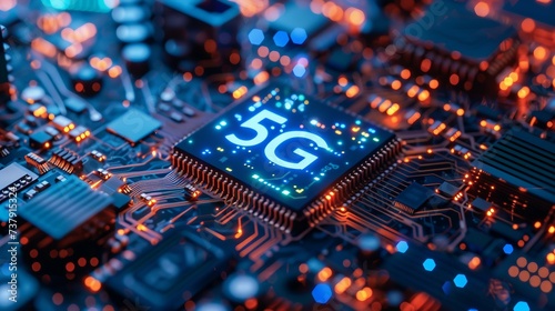 Circuit Board Details with a Prominent 5G icon, Representing Advanced Technology Embedded in the Core of Next-Generation Wireless Networks