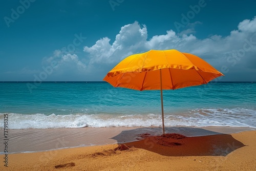 A red umbrella on a deserted beach against the background of the sea