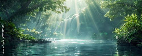 Portrait of river surrounded tropical green forest with sunlight through tree crowns. Comfortable place to calm the mind. Natural ecosystem forest conservation. Generative AI