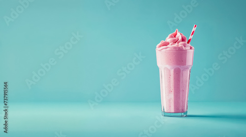 milkshake à la fraise avec crème fouettée dans un verre avec une paille, sur fond bleu photo