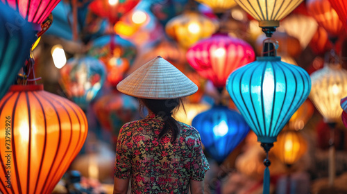 Thai woman with traditional conical hat and colorful lanterns in Hoi An, Vietnam